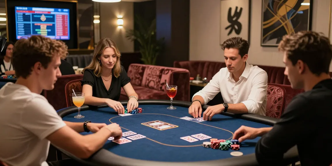 Friends enjoying a lively game of cards in a luxury gaming lounge at iwin, showcasing elegant decor and cocktails.