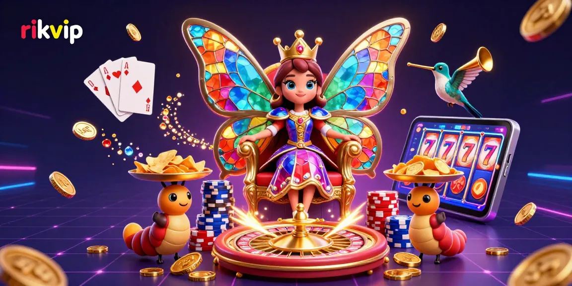 Engage with rikvip's vibrant casino atmosphere featuring a butterfly queen, chips, and golden coins.