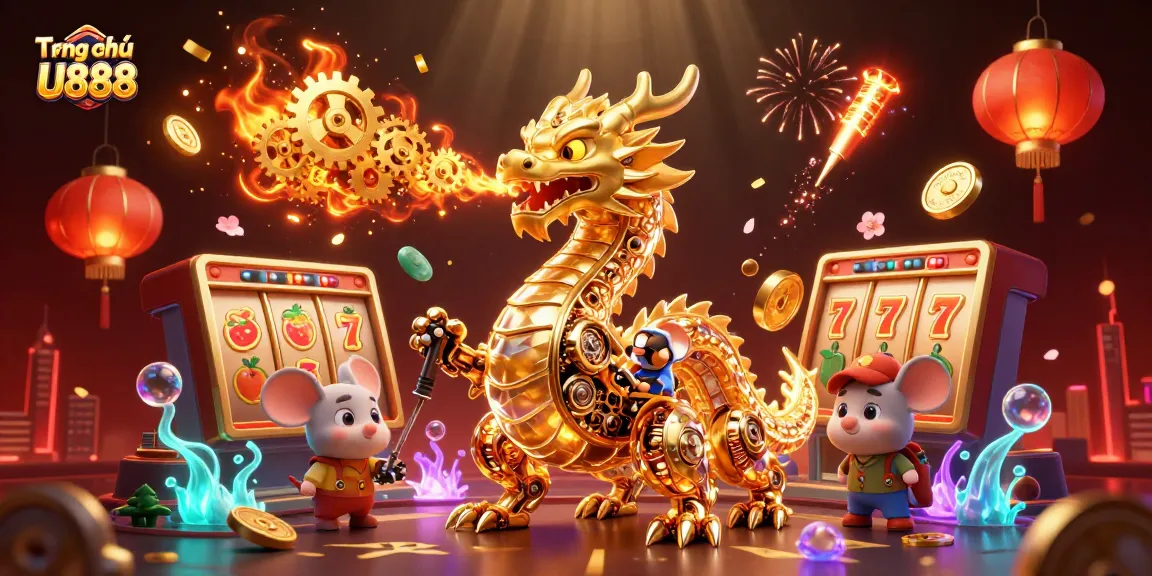 Engaging 3D visual of Tra ng chủ U888 showcasing a vibrant casino atmosphere with slot reels and golden dragon.