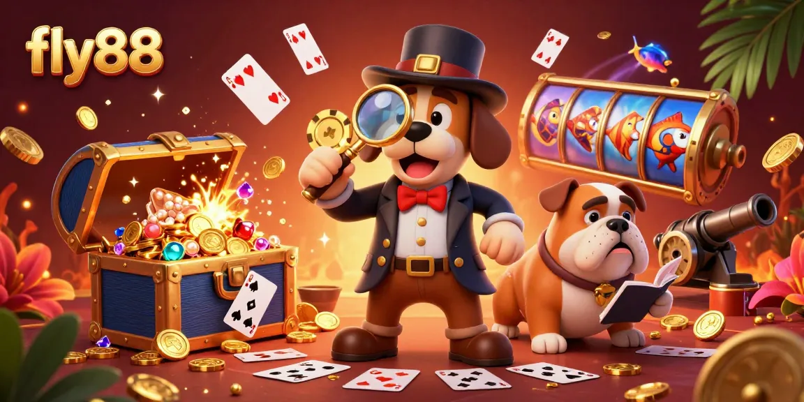 Engage with fly88's vibrant casino games, featuring a cartoon detective uncovering treasures and spinning slots.