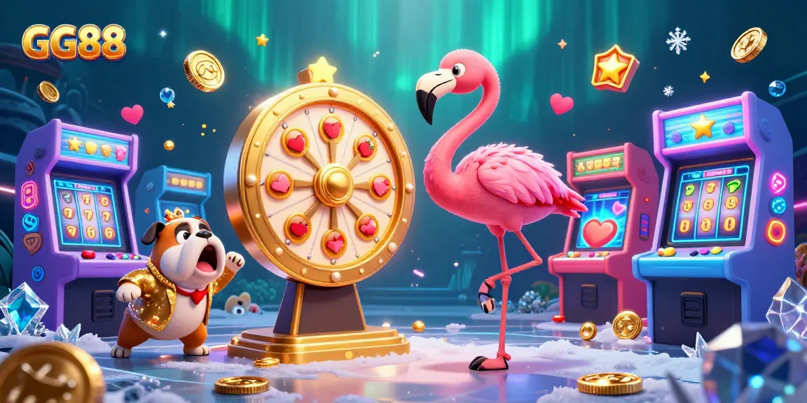Engage with GG88’s vibrant gambling scene featuring a game show host and arcade elements.
