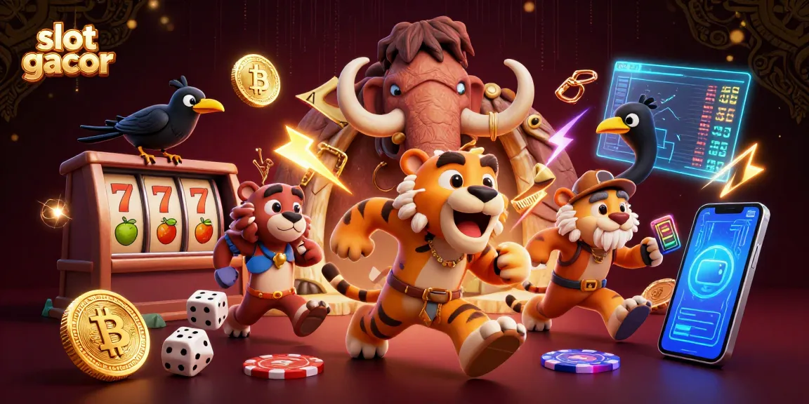 Experience exhilarating gaming action with slot gacor, featuring cavemen, slot reels, and crypto elements.