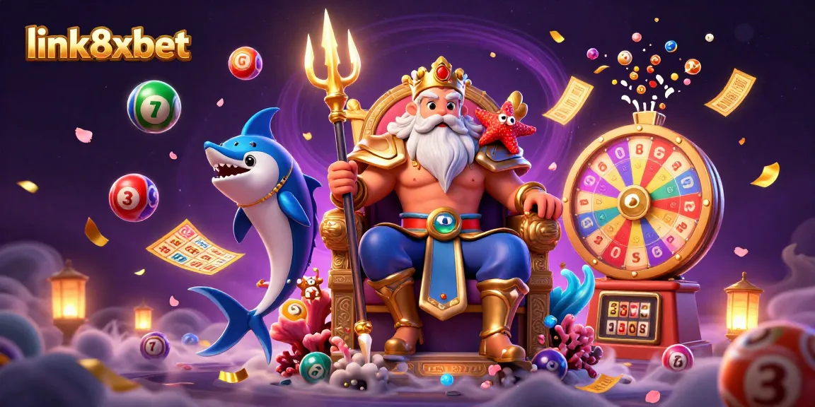 Join the excitement at link8xbet with sea king Neptune and dynamic lottery elements in this vibrant casino scene.