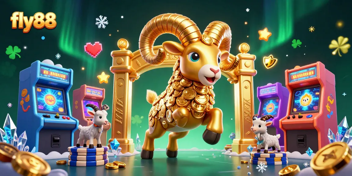 Engage with fly88's thrilling casino gaming experience illustrated by a golden ram charging through a vibrant game landscape.