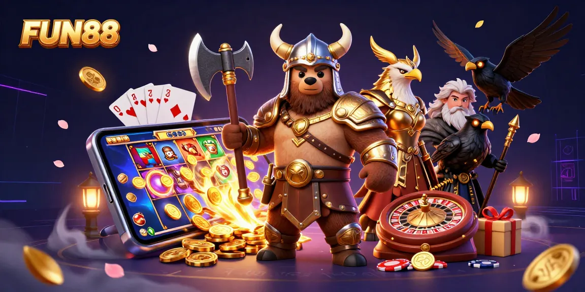 Spin to win with FUN88 - Viking bear and Valkyrie eagle amidst dazzling casino games.