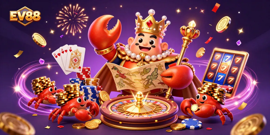 Experience the excitement of EV88 with a golden crab emperor amidst a vibrant casino scene filled with treasures and games.
