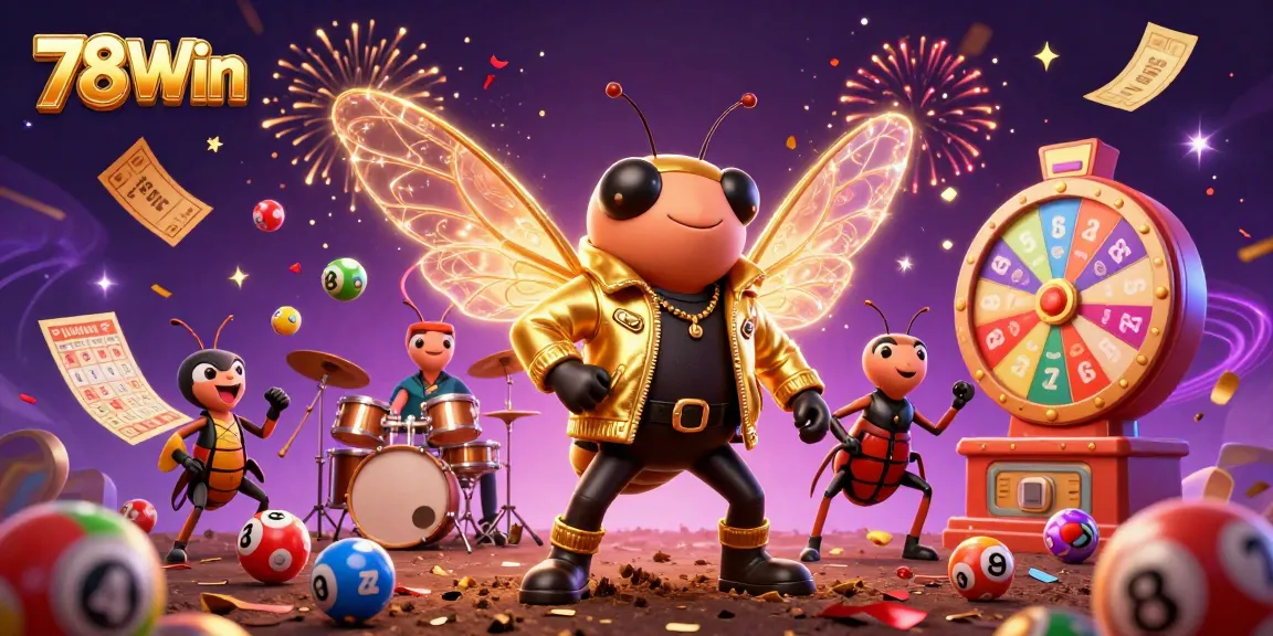 Immerse in the vibrant world of 78Win, featuring a dynamic 3D casino scene with a rock star cicada, lively game elements and exciting energy.