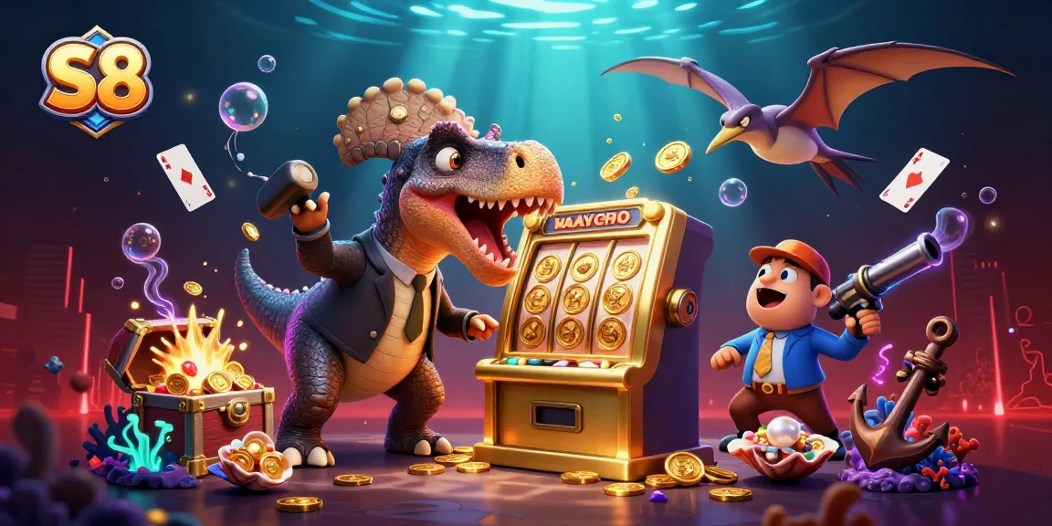 S8 features a pachycephalosaurus winning a jackpot while casino chaos unfolds
