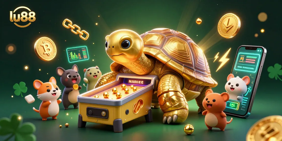 Experience the excitement at lu88 with a cartoon tortoise pinball machine surrounded by crypto casino elements.