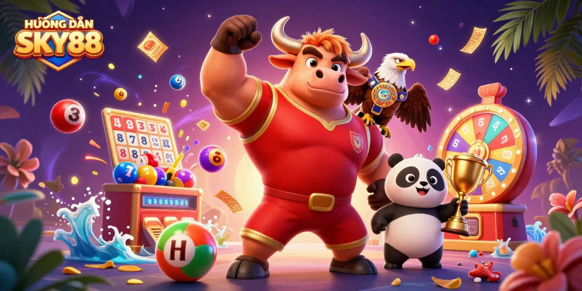 HƯỚNG DẪN SKY88 with a festive casino scene showcasing characters celebrating winning moments