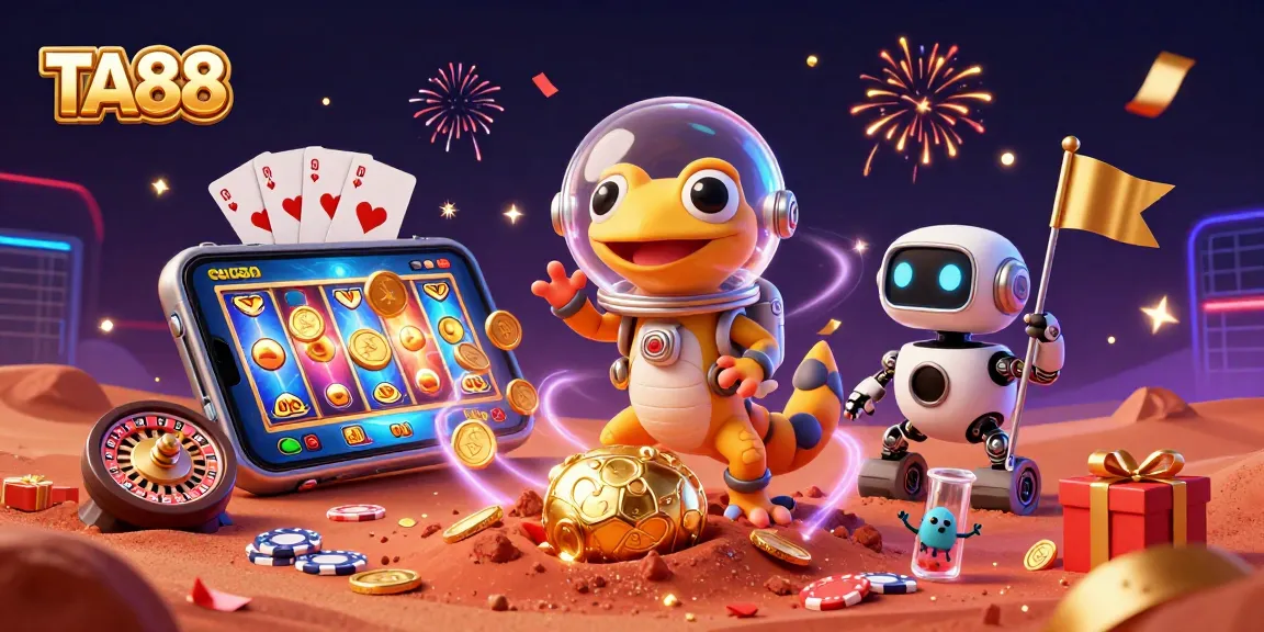 TA88 Martian gecko celebrates casino winnings with vibrant gaming elements in 3D illustration.