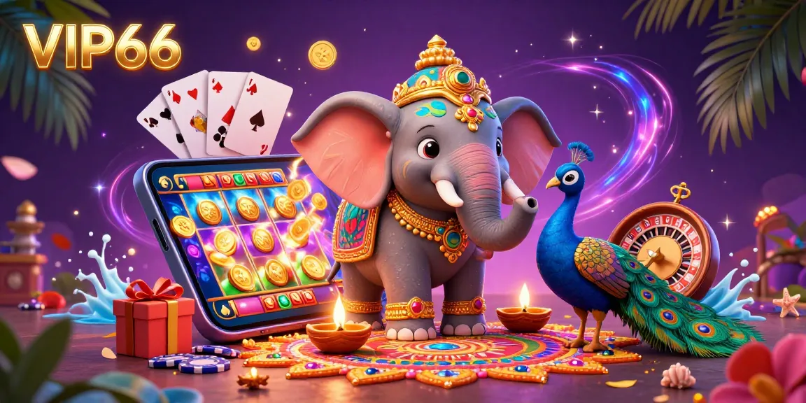 Immerse in the vibrant VIP66 slot gaming scene with a festive elephant and peacock.