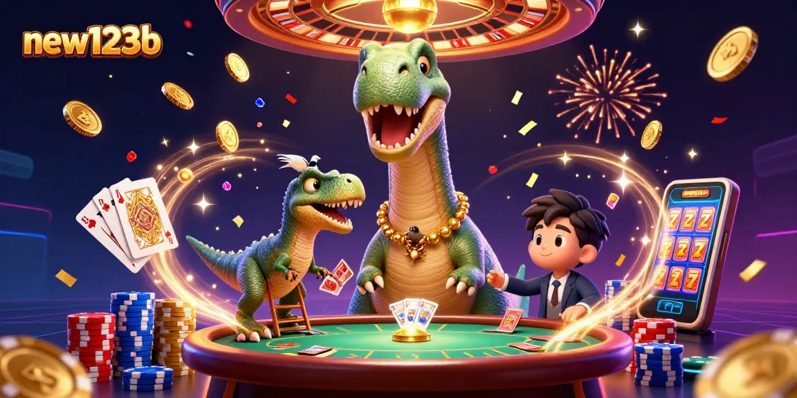 Experience the thrill of new123b with playful dinosaurs and a vibrant casino scene filled with golden coins.