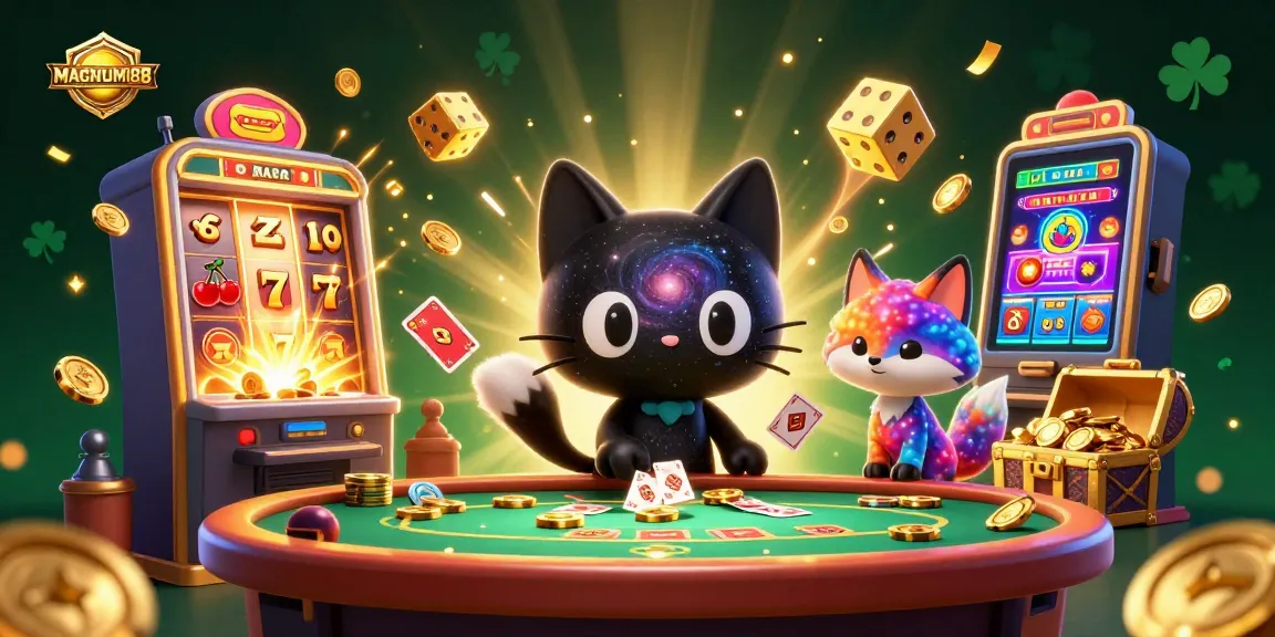 Explore the thrilling world of MAGNUM188, where a black hole cat and nebula fox greet winning players at a cosmic casino table.