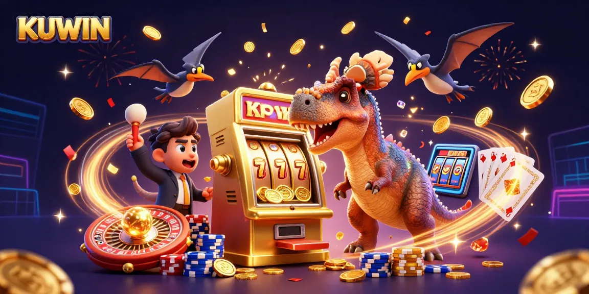 KUWIN offers a thrilling view of a dinosaur jackpot scene with colorful casino elements.