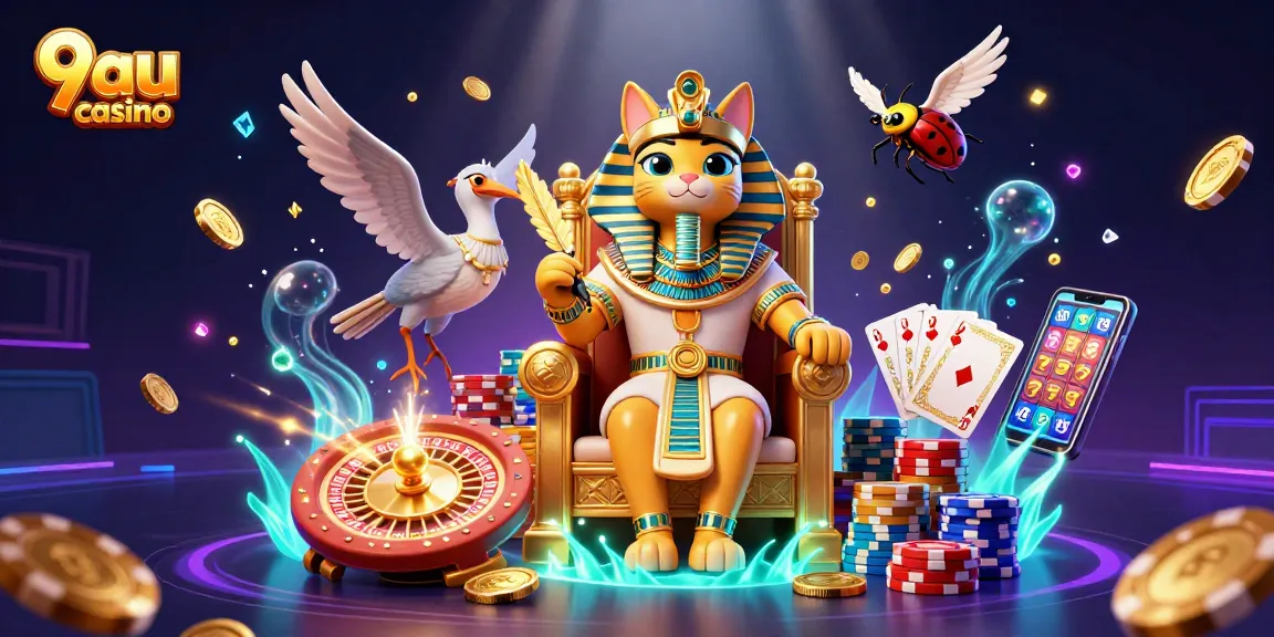 Experience the thrilling world of 9au casino with a vibrant 3D illustration featuring animated characters and dynamic gaming elements.