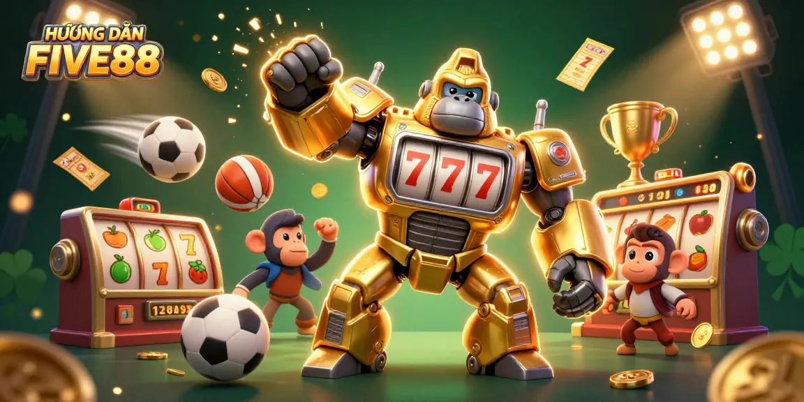 Engaging illustration of HƯỚNG DẪN FIVE88 showcasing a golden gorilla mech with slot machine elements, surrounded by dynamic sports betting action.