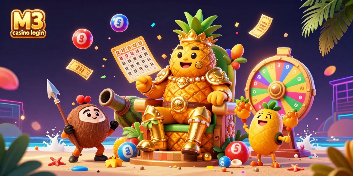 The vibrant scene of M3 casino login showcases a whimsical golden pineapple king and lively casino elements.