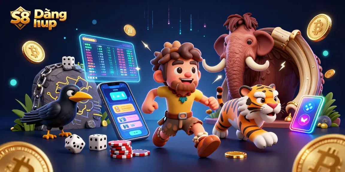 Experience fast access to S8 Đăng nhập with a charming illustration depicting a caveman duo and a sabertooth tiger in a vibrant casino setting.