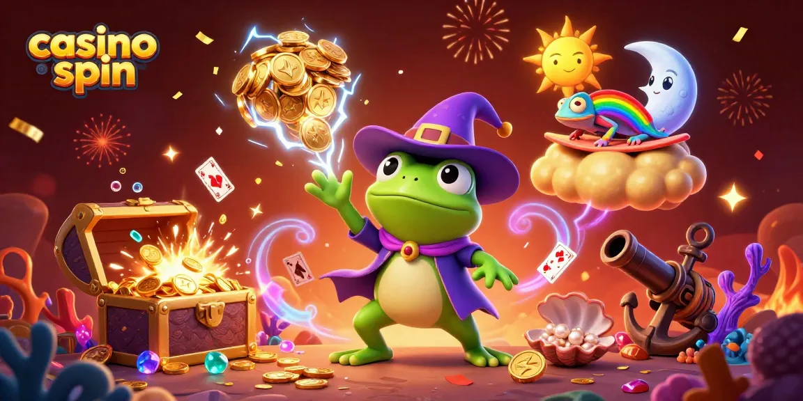 Experience casino spin excitement with a wizard frog and chameleon amidst golden coins and vibrant symbols.