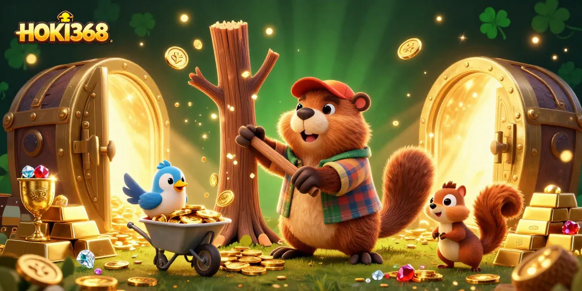 Experience thrilling gameplay at HOKI368 as a lumberjack beaver reveals a treasure trove of gold and gems.