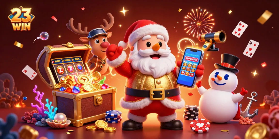 Experience the fun of 23WIN with a festive 3D casino scene featuring Santa Claus and friends celebrating jackpots.
