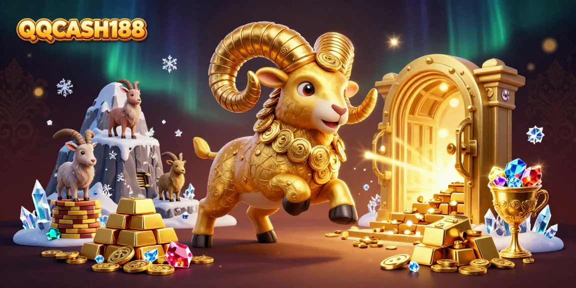 Experience exciting gameplay with QQCASH188, featuring vibrant 3D art of a golden ram and treasures.