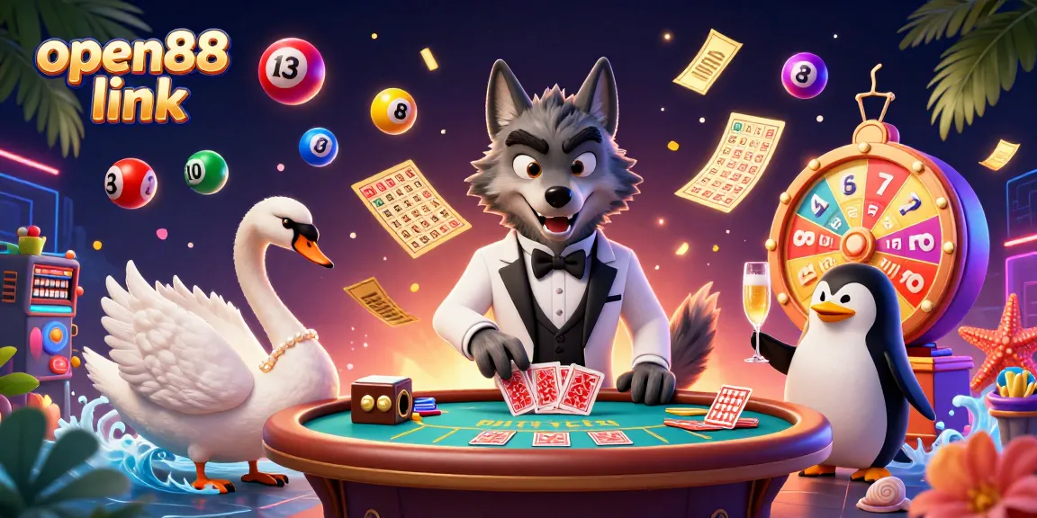 Win big with the open88 link, featuring a debonair wolf at the baccarat table and vibrant lottery elements.