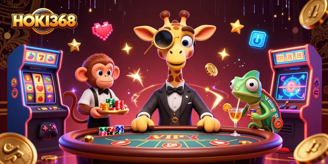 Win big with HOKI368 at the extravagant casino featuring a high-roller giraffe.