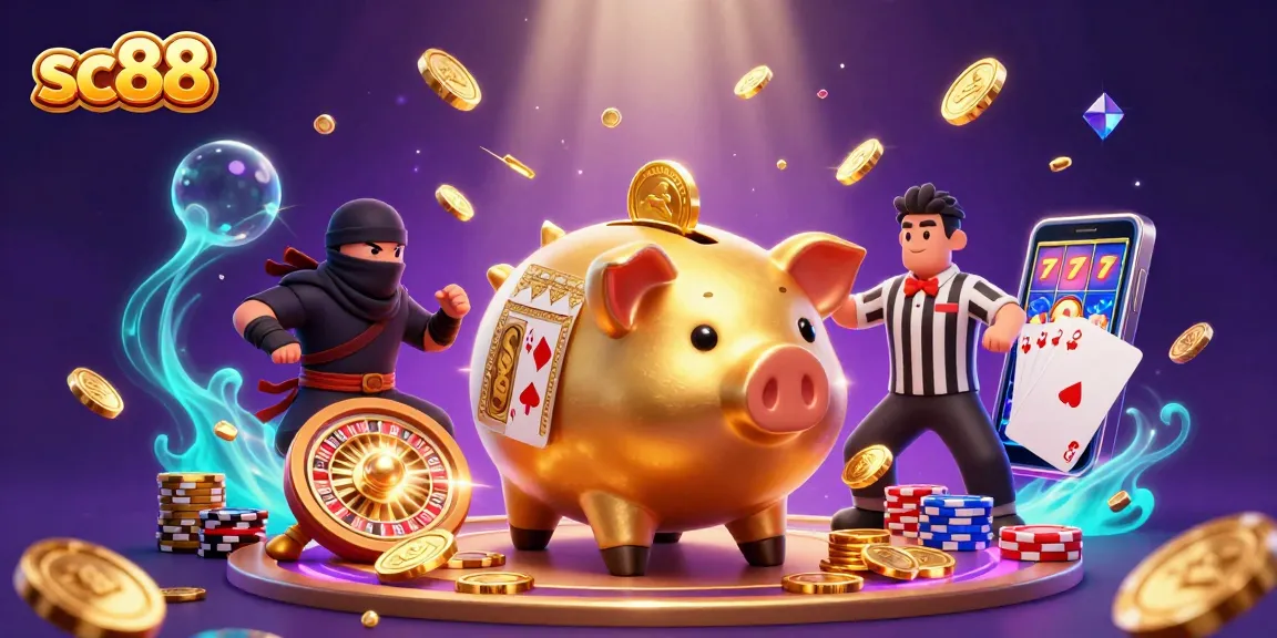 Engage with the sc88 casino scene featuring a piggy bank sumo wrestler stomping gold coins amid dynamic game elements.