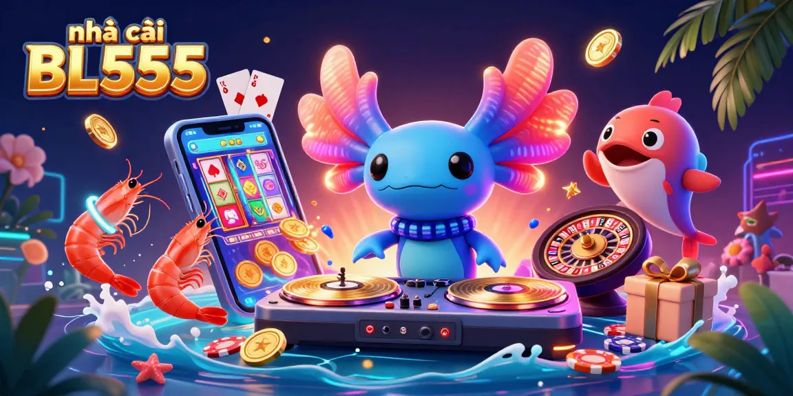Engage with nhà cái BL555 through vibrant 3D artwork featuring a neon axolotl DJ and exciting casino elements.