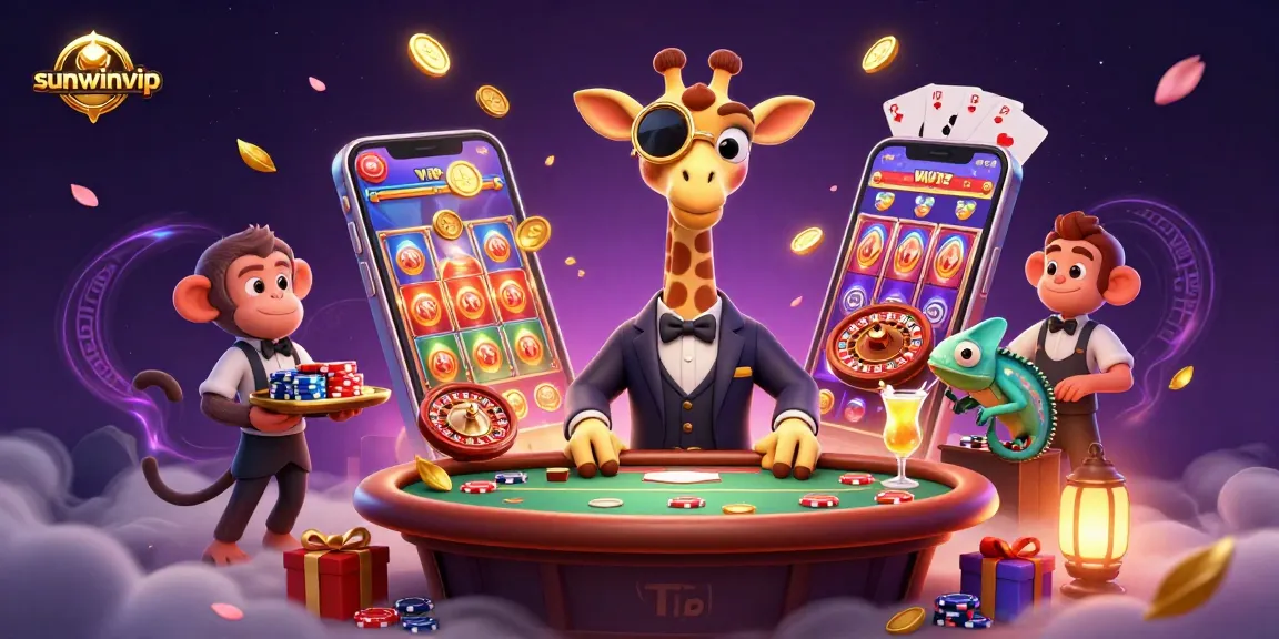 Engage in vibrant gambling action with sunwinvip, featuring a high-roller giraffe at a VIP poker table.