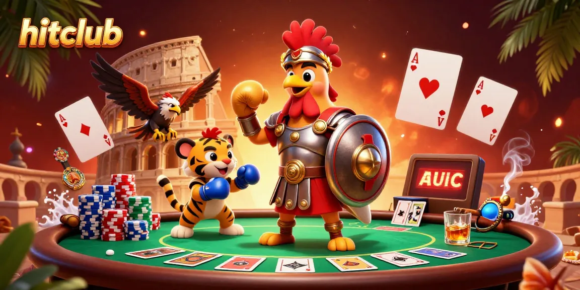 Join the hitclub with a dynamic poker scene featuring a rooster gladiator and tiger cub.