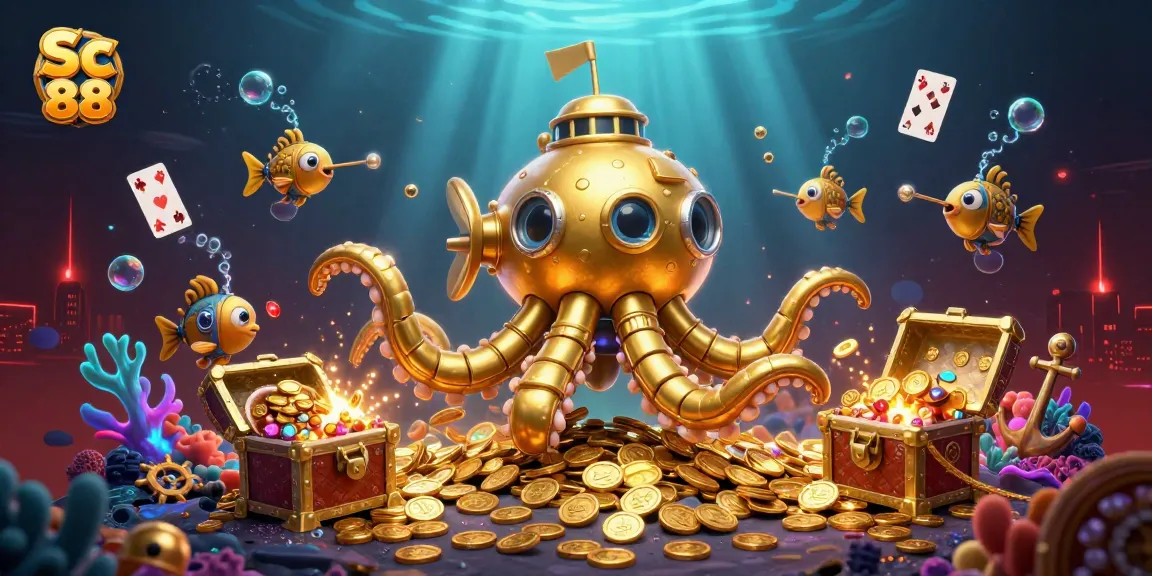 Experience thrilling adventures with Sc 88 as the golden kraken submarine emerges amidst dazzling treasures and gaming elements.