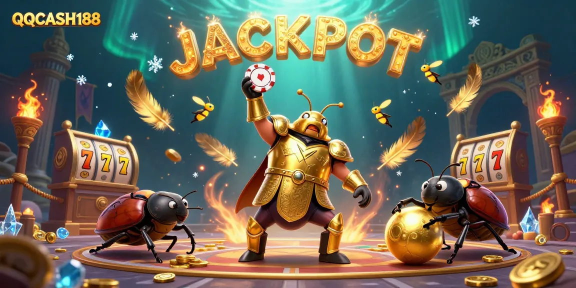 Experience the thrilling QQCASH188 slots in a vibrant 3D illustration of a victorious beetle and friends.