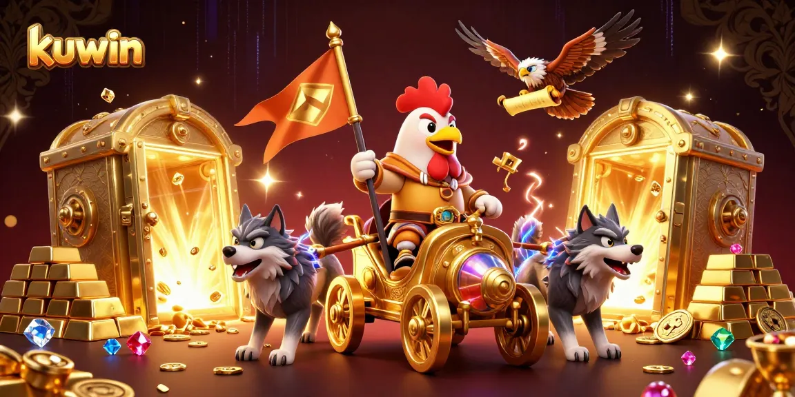 Experience the excitement of kuwin gaming with a 3D rooster warlord in a vibrant casino scene.