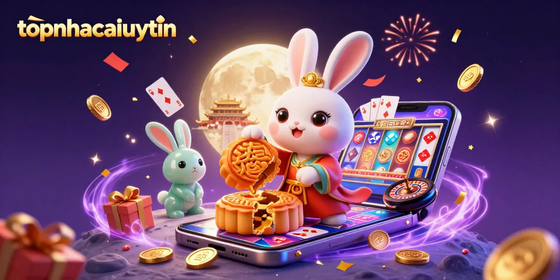 Engage in thrilling gaming magic with topnhacaiuytin showcasing a moon rabbit and vibrant casino elements.