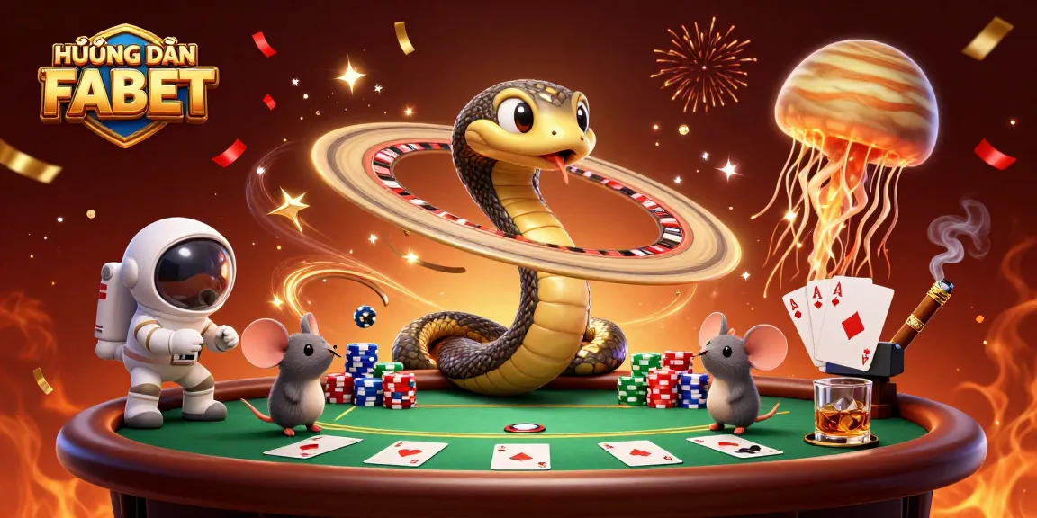 Engaging cosmic casino scene featuring HƯỚNG DẪN FABET character action with chips and a roulette wheel.