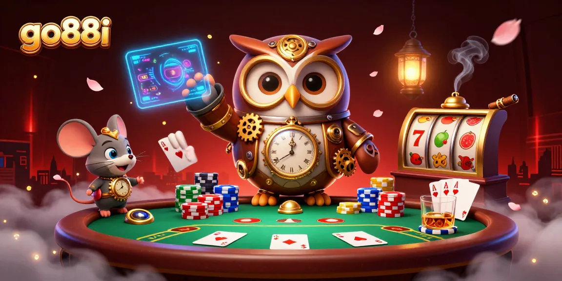 Engage with vibrant scenes of go88i, featuring the adventurous owl and clockwork mouse in a hybrid casino setting.