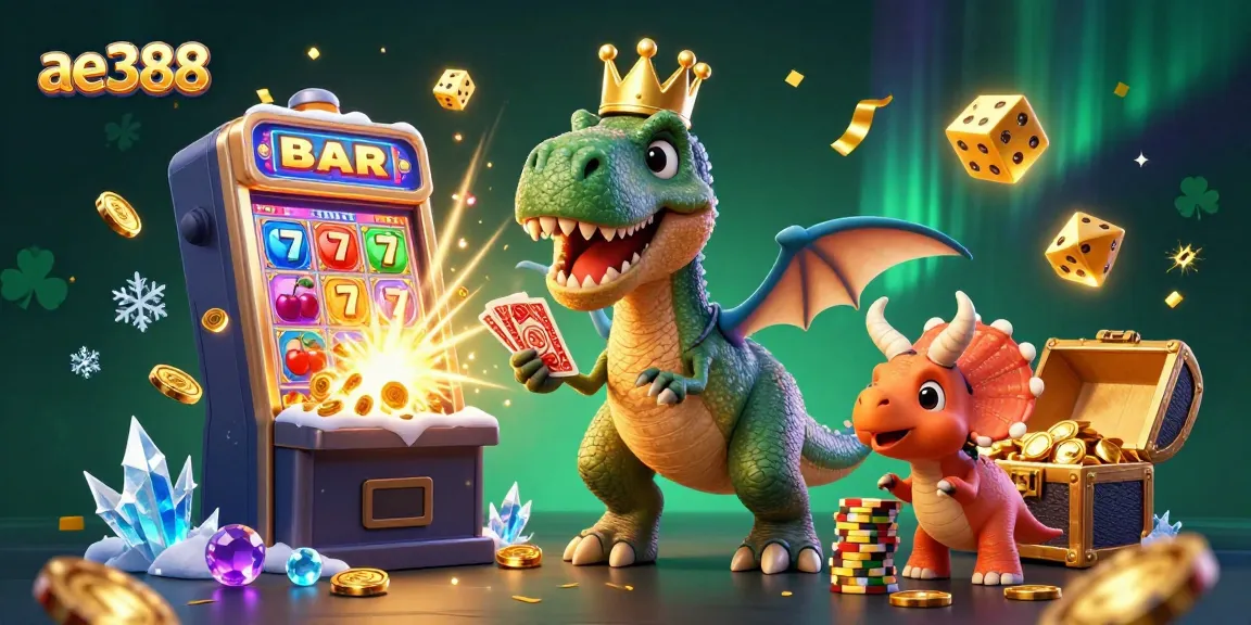 Experience the excitement of ae388 with a vibrant 3D illustration showcasing colorful casino elements and characters.