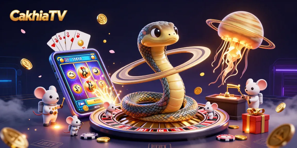 Experience thrilling betting action on CakhiaTV with a captivating 3D cosmic casino illustration depicting unique characters and game elements.