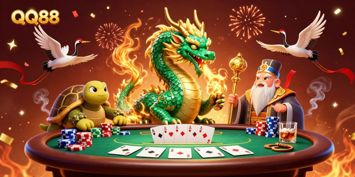 Experience thrilling gameplay at QQ88 with a vibrant scene featuring a jade dragon and poker elements.