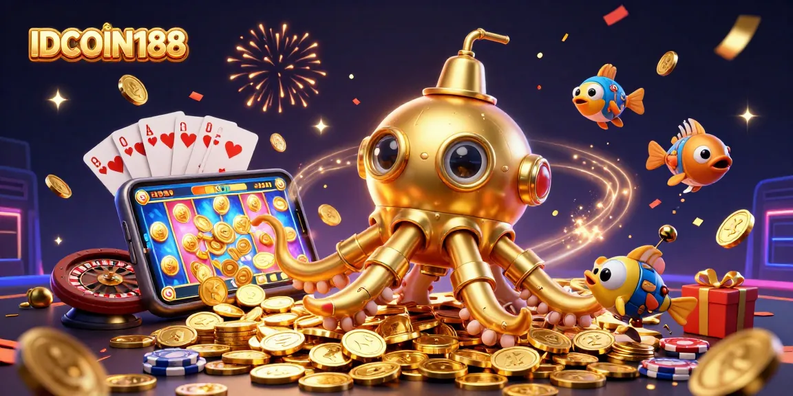 Engage with IDCOIN188 and dive into casino adventures surrounded by golden coins and slot games.