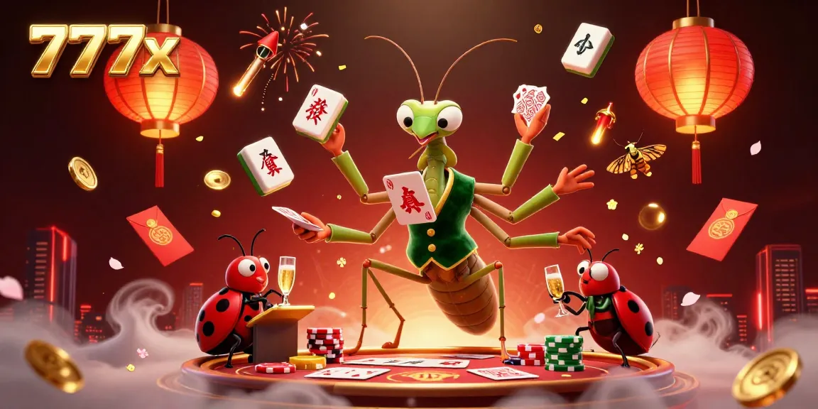 Experience 777x excitement with a lively casino scene featuring a praying mantis card sharp and vibrant elements.