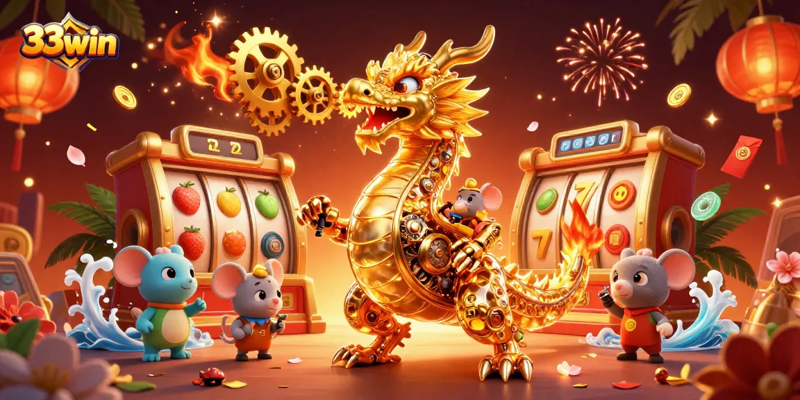 Engage in thrilling gameplay with 33win featuring a golden dragon and slot elements.