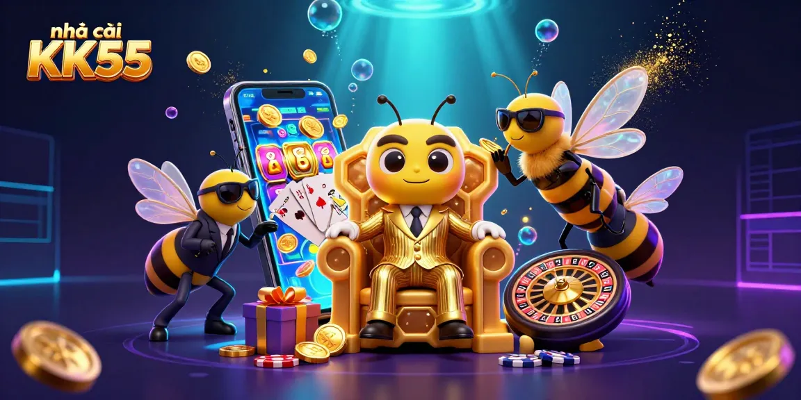 Engage with nhà cái KK55 through an exciting 3D casino illustration brimming with vibrant game elements.