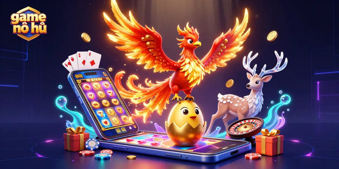 Engage with game nổ hũ through a vibrant 3D illustration featuring phoenix characters and immersive casino elements.