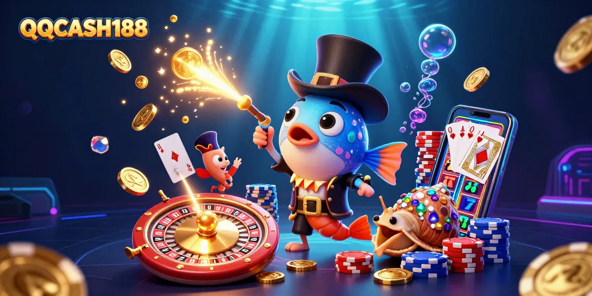 QQCASH188 engages players with a dynamic underwater casino scene featuring vibrant characters.