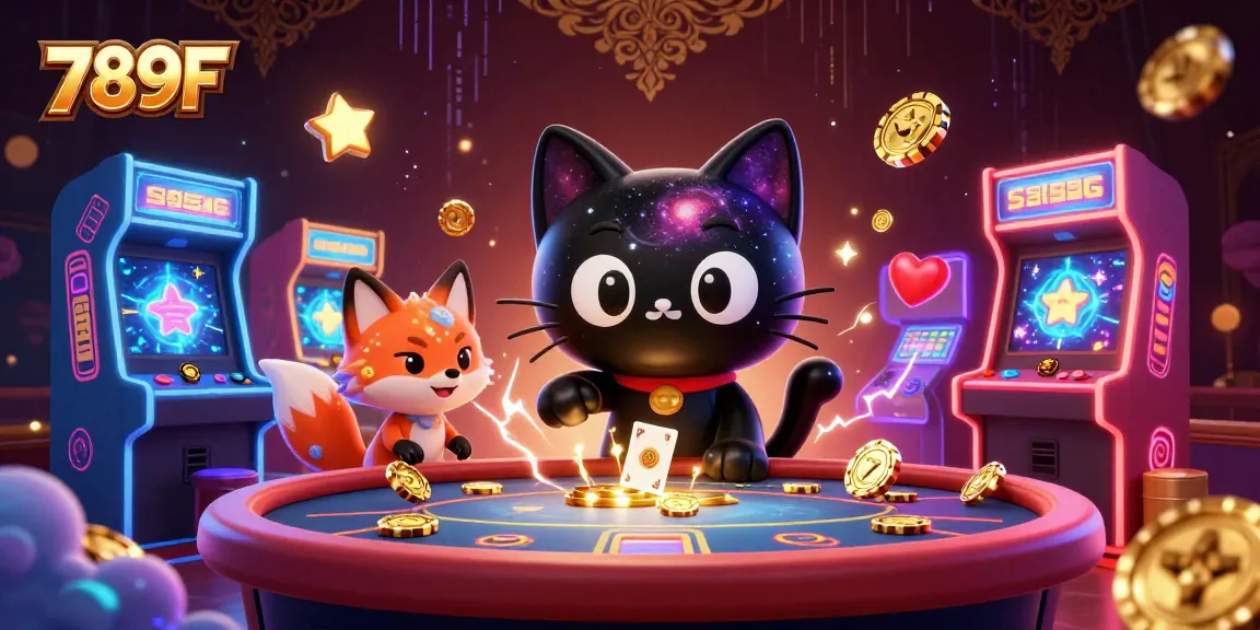 Engage in thrilling casino action at 789F with a cosmic cat and fox, amidst colorful gaming elements.