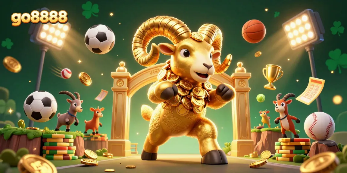 Experience the excitement of go8888 with a golden ram charging through a vibrant casino scene filled with gaming elements.